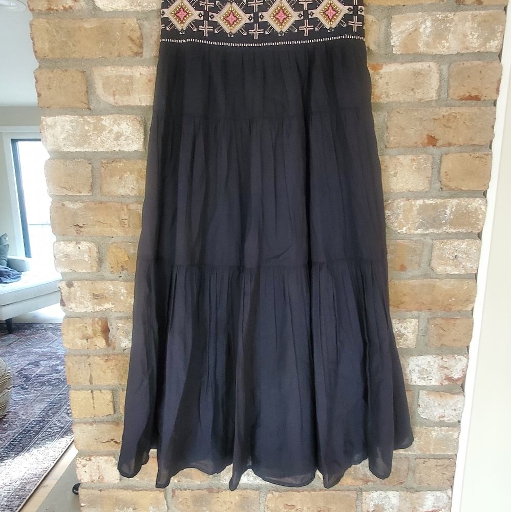 Anthropologie black maxi skirt with beaded band and 3 tiers, NWT